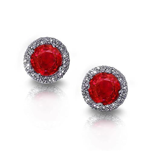 Round Red Ruby With Halo Diamond 7 Ct. Lady Stud Earrings White Gold - Gemstone Earring-harrychadent.ca