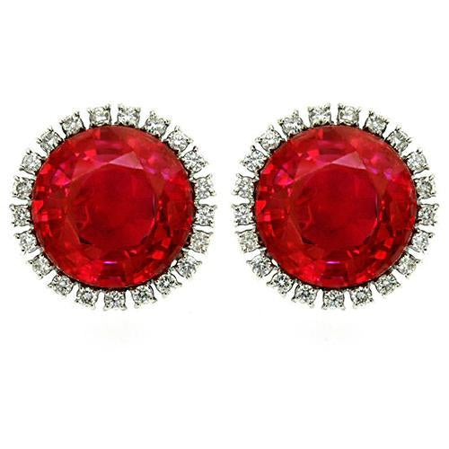 Round Ruby And Diamond Halo Stud Earring 5.42 Carats White Gold 14K - Gemstone Earring-harrychadent.ca