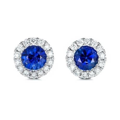 Round Sapphire & Diamond 6.80 Carats Stud Earring White Gold 14K - Gemstone Earring-harrychadent.ca