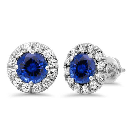 Round Sapphire & Diamond Halo Stud Earring 3 Carat White Gold 14K - Gemstone Earring-harrychadent.ca