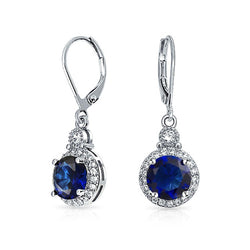 Round Sri Lanka Sapphire With Natural Earth Mined Diamond Dangle Earring WG 14K 2.50 Ct