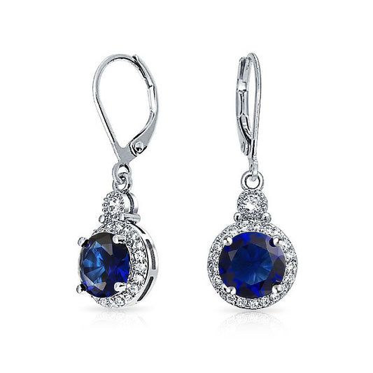 Round Sri Lanka Sapphire With Diamond Dangle Earring WG 14K 2.50 Ct - Gemstone Earring-harrychadent.ca