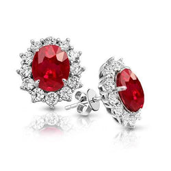Ruby And Natural Earth Mined Diamond 7 Carats Red Stud Halo Earring White Gold Jewelry