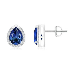Sri Lanka Blue Pear Sapphire Round Natural Earth Mined Diamond Halo Studs Earring 3 Ct