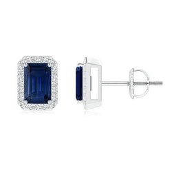 Sri Lanka Blue Sapphire Emerald Cut Diamonds 3.20 Ct Stud Earring