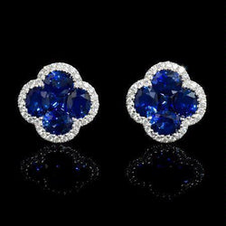 Sri Lanka Sapphire Natural Earth Mined Diamond Cluster Women Gold Earring 4.45 Carats