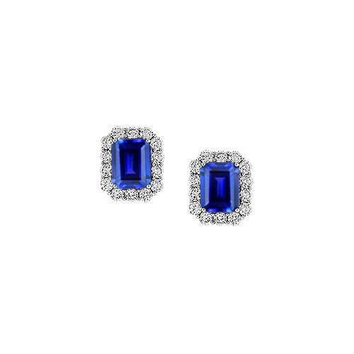 Sri Lanka Sapphire Emerald Cut Halo Round Diamond Stud Earring WG 14K - Gemstone Earring-harrychadent.ca
