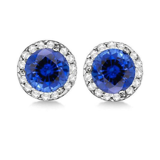 Sri Lanka Sapphire Halo Diamond Stud Earrings 5.50 Ct Round Cut - Gemstone Earring-harrychadent.ca