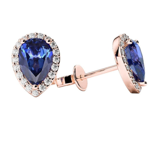 Sri Lanka Sapphire Halo Studs Earrings 5.50 Ct Diamonds Rose Gold 14K - Gemstone Earring-harrychadent.ca