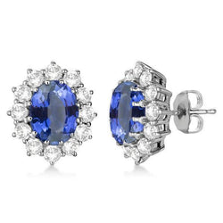 4 Carats Sri Lanka Sapphire Oval & Round Pave Halo Natural Earth Mined Diamond Stud Earrings WG 14K