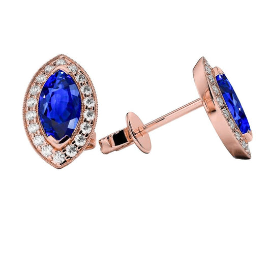 Sri Lanka Sapphire Stud Earring 4 Carats Halo Diamonds Rose Gold 14K - Gemstone Earring-harrychadent.ca