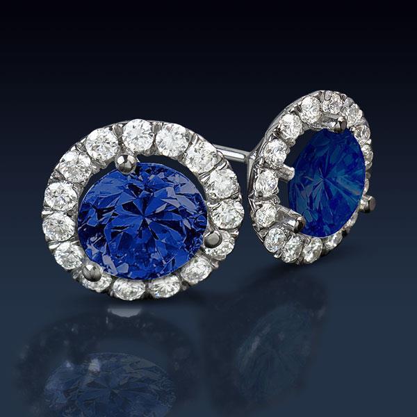 Sri Lankan Sapphire And Halo Diamond 6.40 Ct Round Cut Stud Earring - Gemstone Earring-harrychadent.ca