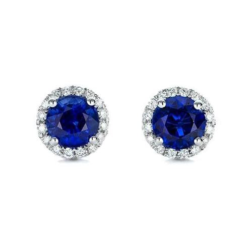 Sri Lankan Sapphire & Halo Round Diamond Stud Earrings 6.60 Ct. WG 14K - Gemstone Earring-harrychadent.ca