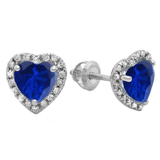 Sri Lankan Sapphire Heart & Round Diamond Stud Earring 5.80 Ct. WG 14K - Gemstone Earring-harrychadent.ca