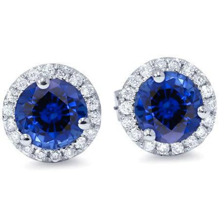 Sri Lankan Sapphire Round Cut Halo Diamond Stud Earring 3.60 Carats - Gemstone Earring-harrychadent.ca