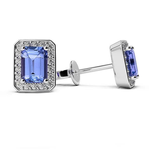 Tanzanite & Diamonds Ladies Studs Halo Earrings 5.10 Ct White Gold 14K - Gemstone Earring-harrychadent.ca