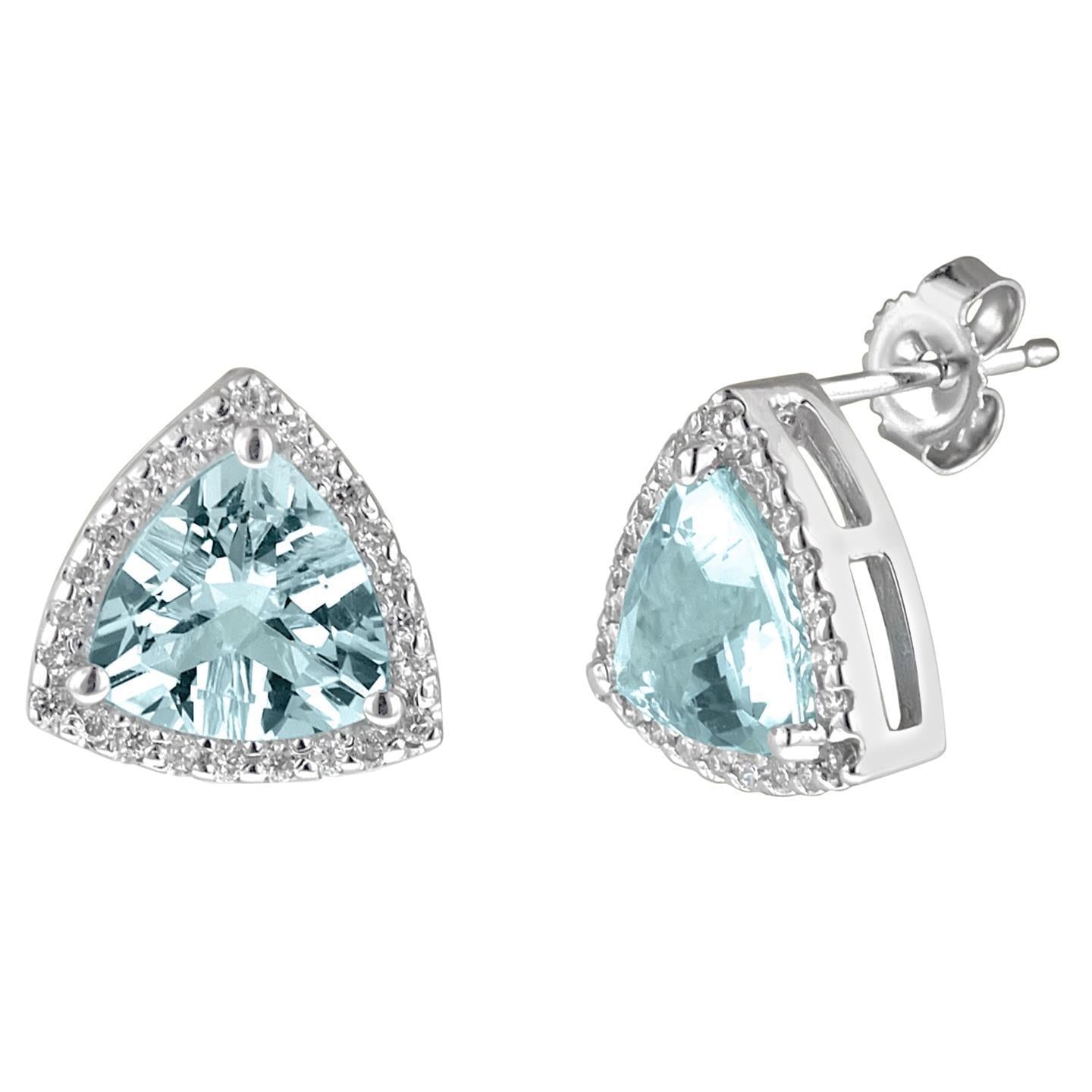 Trillion Cut Aquamarine With Round Diamond 5.98 Carats Stud Earring - Gemstone Earring-harrychadent.ca