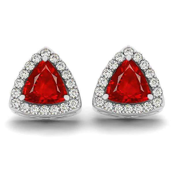 Trillion Cut Ruby With Diamonds 4 Cts. Halo Studs Earrings White Gold 14K - Gemstone Earring-harrychadent.ca