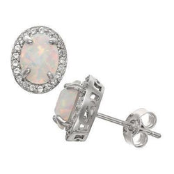 White Gold 14K 10.80 Carats Opal & Pave Diamonds Stud Halo Earrings
