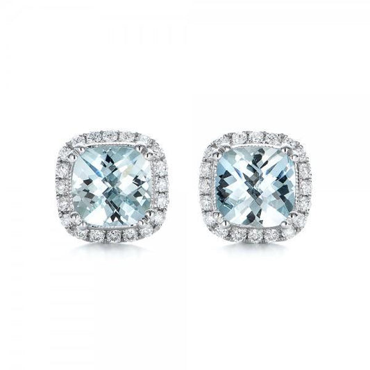 White Gold 14K 4.70 Ct  Halo Aquamarine With Diamonds Studs Earrings - Gemstone Earring-harrychadent.ca