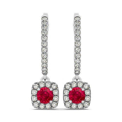 White Gold 14K 7 Ct Round Ruby With Natural Earth Mined Diamonds Dangle Earrings