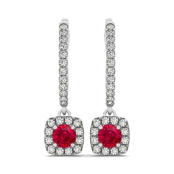 White Gold 14K 7 Ct Round Ruby With Diamonds Dangle Earrings - Gemstone Earring-harrychadent.ca