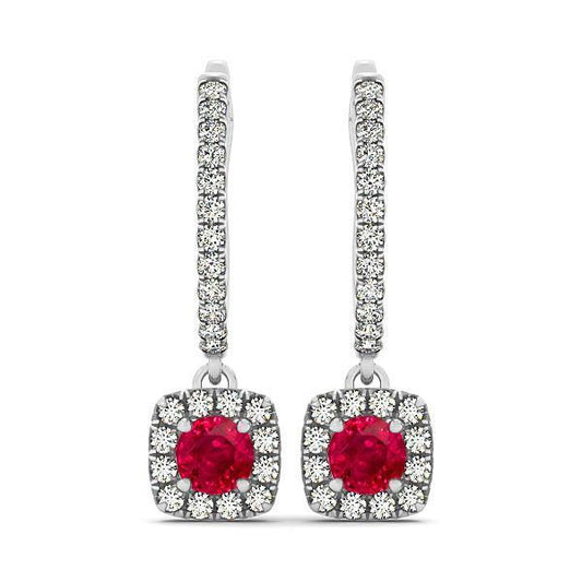White Gold 14K 7 Ct Round Ruby With Diamonds Dangle Earrings - Gemstone Earring-harrychadent.ca