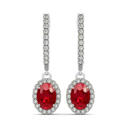 White Gold 14K Lady Dangle Earrings 4 Carats Ruby And Natural Earth Mined Diamonds