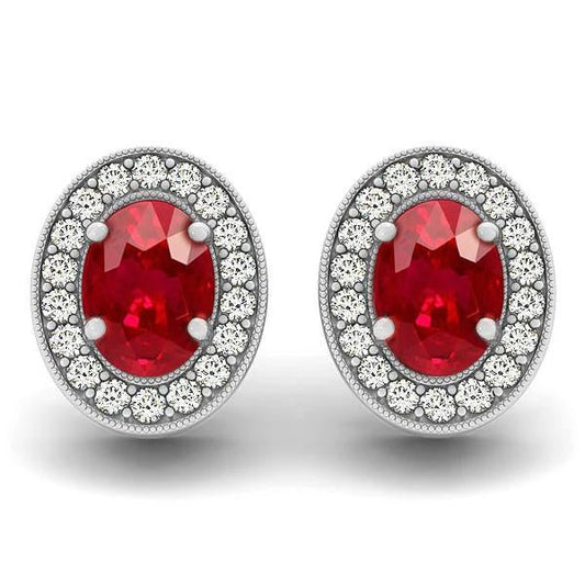 White Gold 14K Red Ruby And Diamonds 5 Carats Lady Studs Earrings - Gemstone Earring-harrychadent.ca