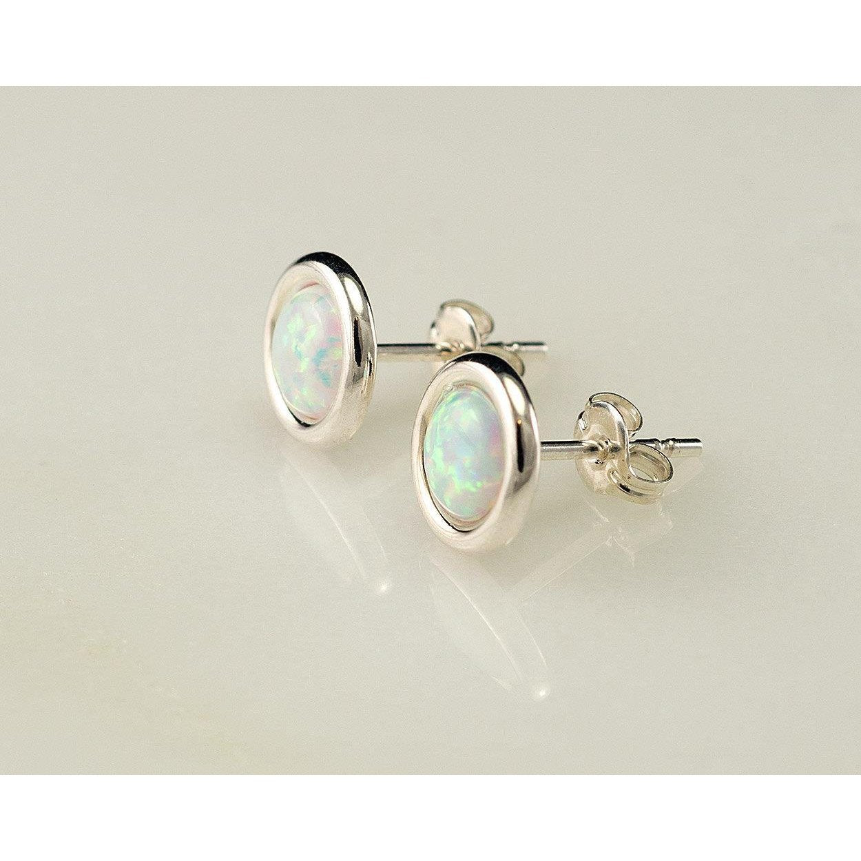 White Gold 14K Round Cut Bezel Set Opal 8 Ct Lady Studs Earrings - Gemstone Earring-harrychadent.ca