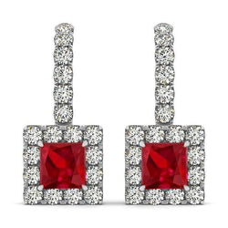 White Gold 14K Women Dangle Earrings 7 Ct Ruby With Natural Earth Mined Diamonds