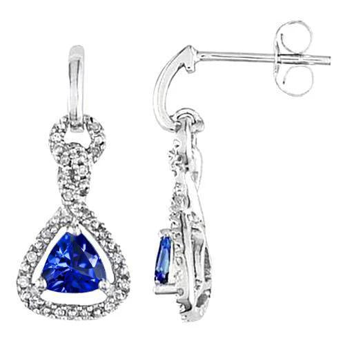 White Gold 7.10 Ct Trillion Ceylon Sapphire & Diamond Dangle Earring - Gemstone Earring-harrychadent.ca