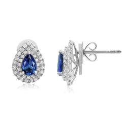 White Gold Blue Sapphire 2.74 Carats Diamond Stud Halo Earring New