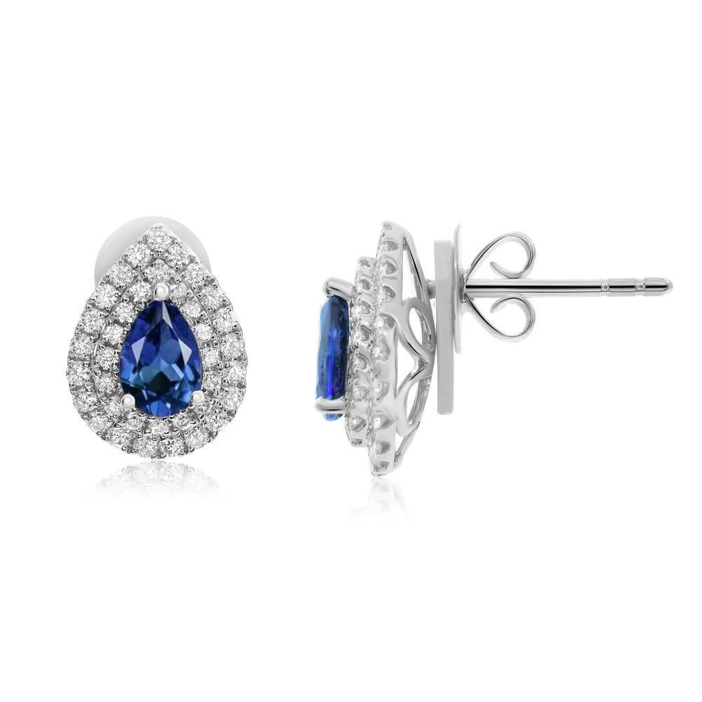 White Gold Blue Sapphire 2.74 Carats Diamond Stud Halo Earring New - Gemstone Earring-harrychadent.ca