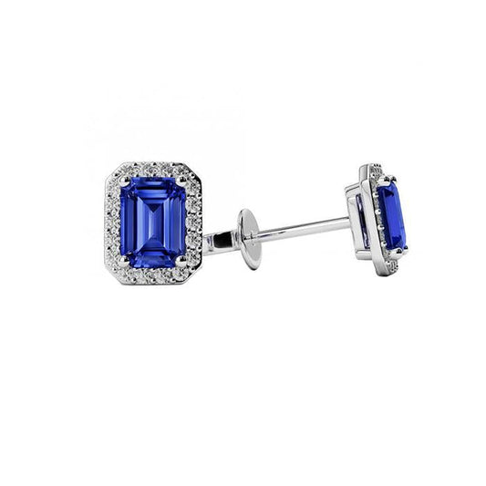 White Gold Ceylon Sapphire And Diamonds Halo Studs Earrings 3.86 Ct - Gemstone Earring-harrychadent.ca