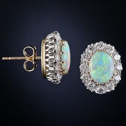 Women Studs Earrings 11 Ct Opal With Natural Earth Mined Diamonds Yellow Gold 14K