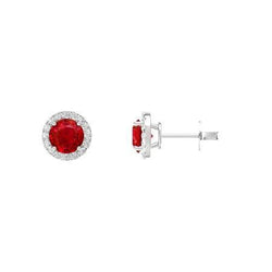 Women Studs Halo Earrings 4.50 Carats Ruby And Natural Earth Mined Diamonds Gold 14K