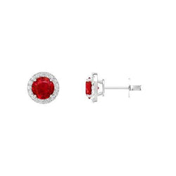 Women Studs Halo Earrings 4.50 Carats Ruby And Diamonds Gold 14K