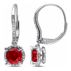 Women White Gold Red Ruby And Natural Earth Mined Diamond Hoop Earring 3.68 Carats