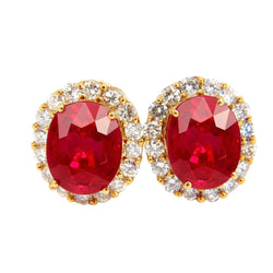 Yellow Gold 14K Oval Red Ruby And Natural Earth Mined Diamond Stud Earring Pair 9 Ct