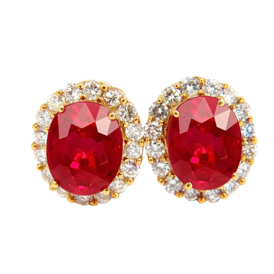 Yellow Gold 14K Oval Red Ruby And Diamond Stud Earring Pair 9 Ct - Gemstone Earring-harrychadent.ca