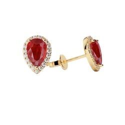 Yellow Gold Pear Cut Ruby With Diamond 4.40 Carats Stud Earrings