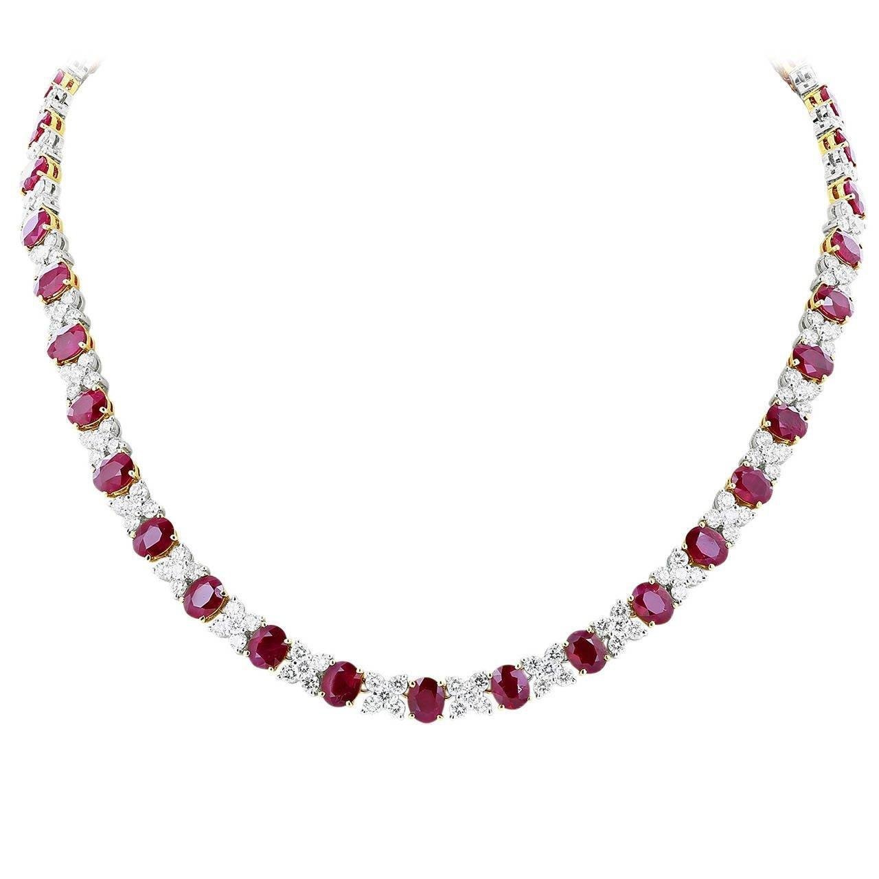 14K White Gold 32 Ct Oval Ruby With Round Diamonds Necklace New - Gemstone Necklace-harrychadent.ca