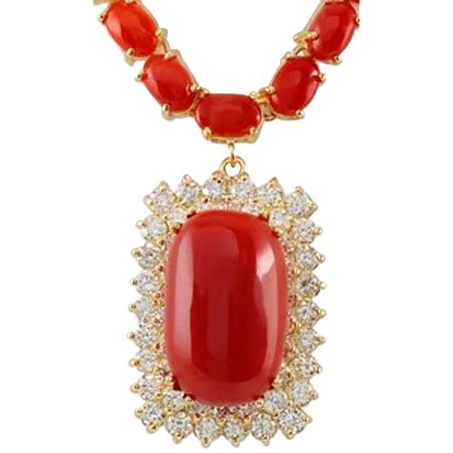 14K Yellow Gold 50.75 Ct Red Coral With Diamonds Women Necklace - Gemstone Necklace-harrychadent.ca