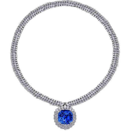 45 Carats Blue Sapphire White Diamonds Platinum Necklace - Gemstone Necklace-harrychadent.ca