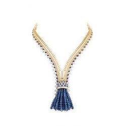Ceylon Sapphire And Natural Earth Mined Diamonds 25 Ct Ladies Necklace Yellow Gold 14K