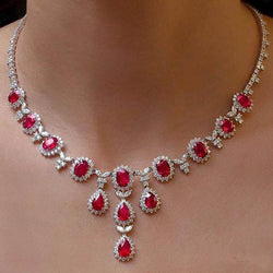 Ladies Ruby With Natural Earth Mined Diamonds Necklace 48 Ct White Gold 14K