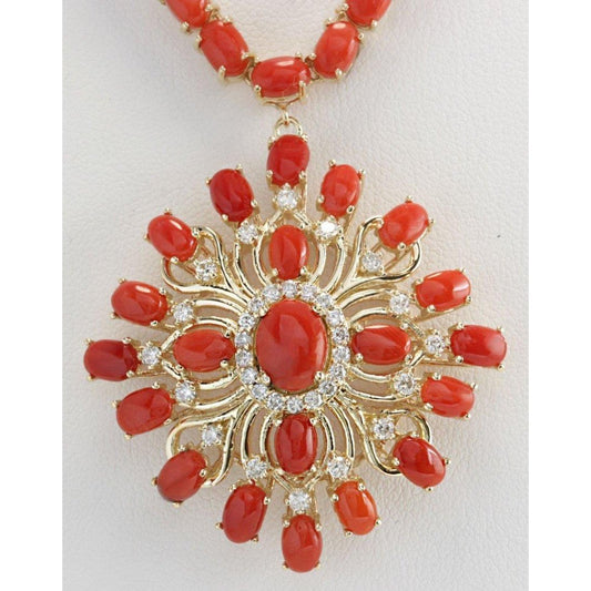 Red Coral And Diamonds 73.75 Carats Women Necklace Yellow Gold 14K - Gemstone Necklace-harrychadent.ca