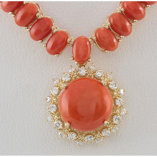 Red Coral With Diamond Pendant Necklace 41 Carats Yellow Gold 14K - Gemstone Necklace-harrychadent.ca