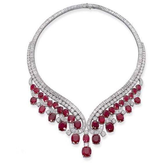 Red Ruby With Diamonds 59 Carats Ladies Necklace 14K White Gold - Gemstone Necklace-harrychadent.ca